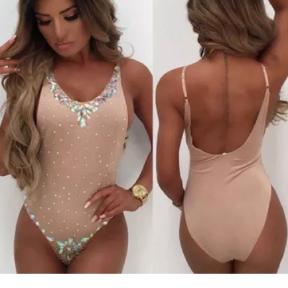 Nude one piece crystal iridescent bodysuit romper